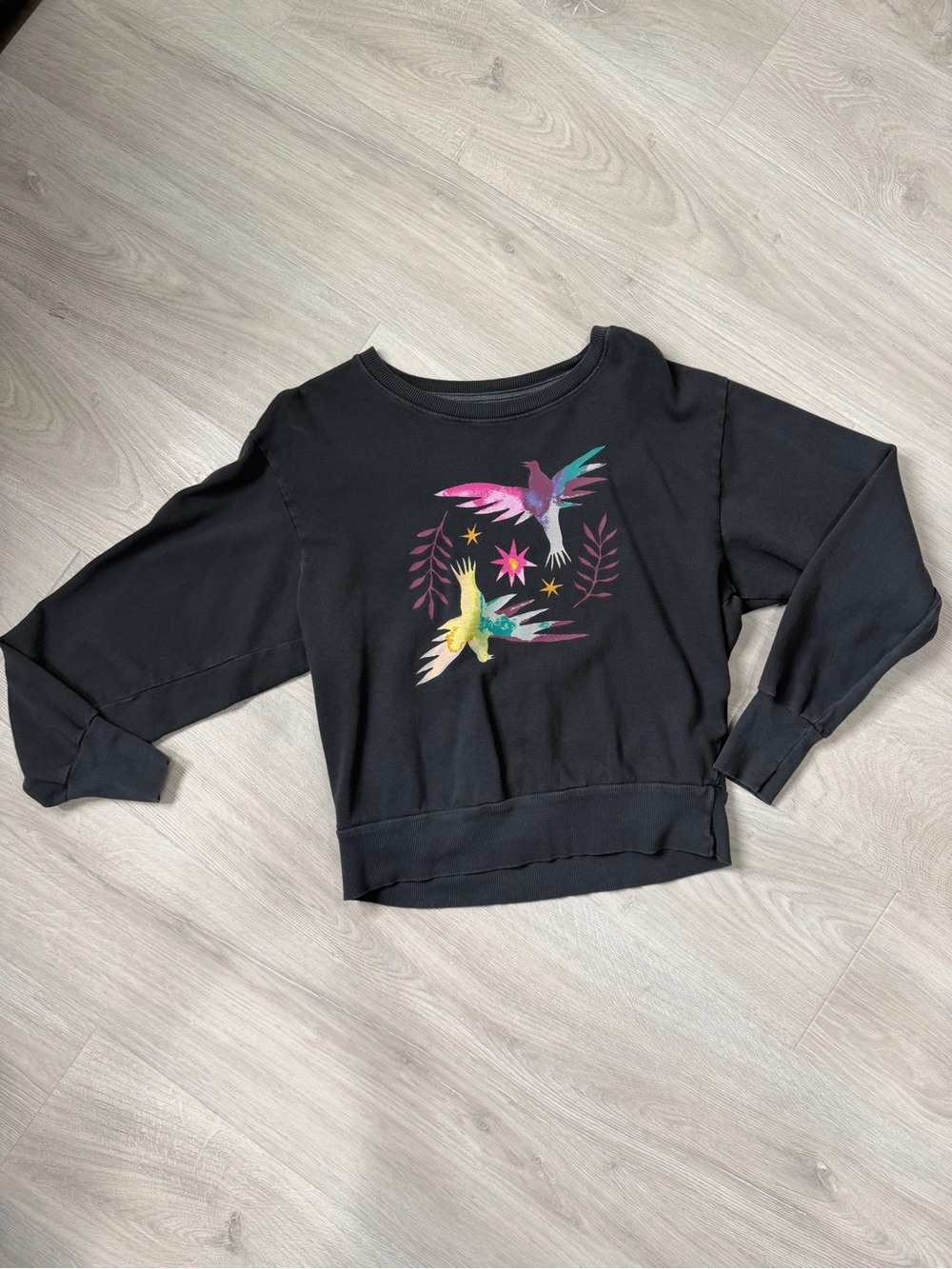 Anthropologie Black Crewneck Sweatshirt with Colorful Hummingbird Motif